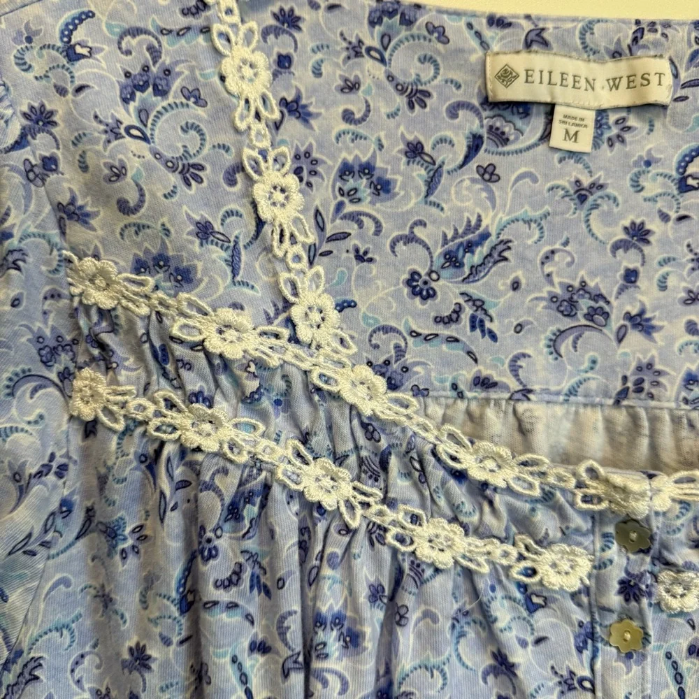 EILEEN WEST Blue Floral Long Sleeve Nightgown Sleep M Medium